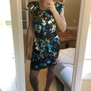 Floral Satin Dress with Belt